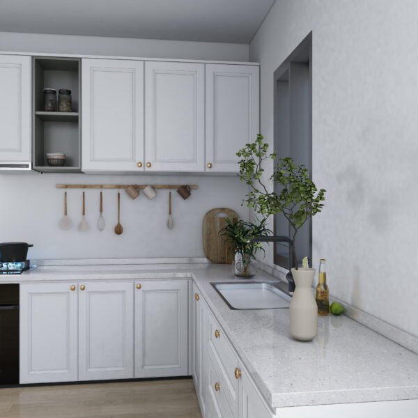 مطبخ مودرن أبيض بتصميم حرف L ولمسات ذهبية 4.5 متر - KU6007