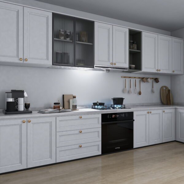 مطبخ مودرن أبيض بتصميم حرف L ولمسات ذهبية 4.5 متر - KU6007