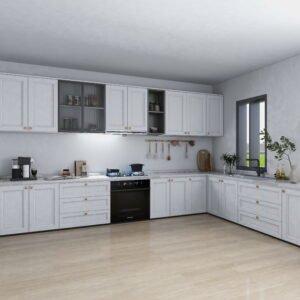 مطبخ مودرن أبيض بتصميم حرف L ولمسات ذهبية 4.5 متر - KU6007