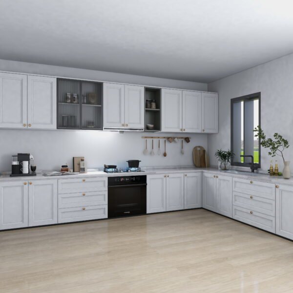 مطبخ مودرن أبيض بتصميم حرف L ولمسات ذهبية 4.5 متر - KU6007