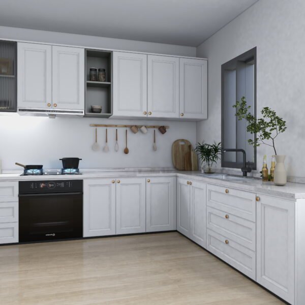 مطبخ مودرن أبيض بتصميم حرف L ولمسات ذهبية 4.5 متر - KU6007