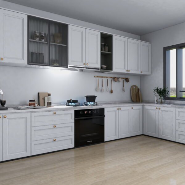 مطبخ مودرن أبيض بتصميم حرف L ولمسات ذهبية 4.5 متر - KU6007