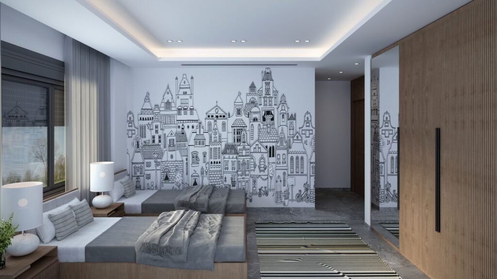 Contemporary bedroom interior with creative wall art and natural lighting.