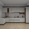 مطبخ مودرن شكل L لون أوف وايت مع لمسات خشبية – تصميم عملي لمطابخ المنازل