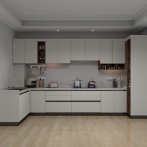 مطبخ مودرن شكل L لون أوف وايت مع لمسات خشبية – تصميم عملي لمطابخ المنازل
