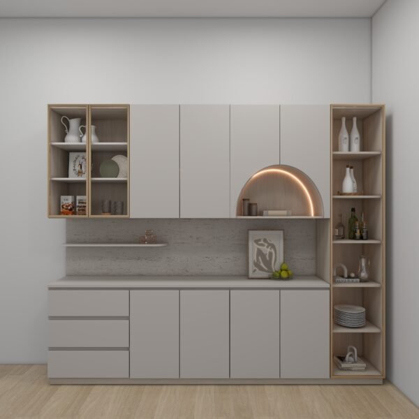 وحدة مطبخ مودرن بتصميم أنيق ومساحات تخزين متعددة